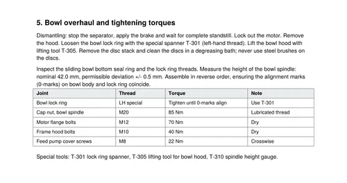 Page 5 of the sample manual: bowl overhaul and tightening torques