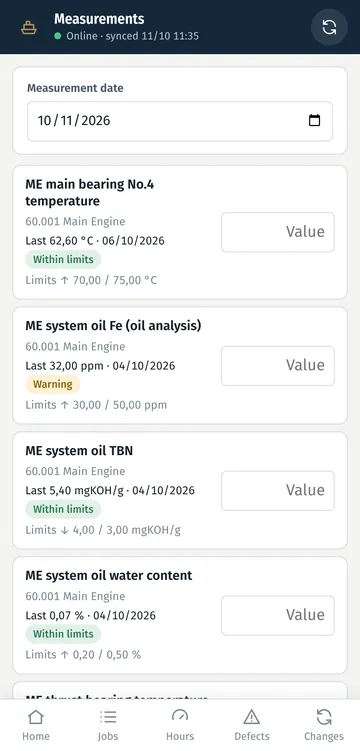Ship app measurement entry with limits for condition monitoring