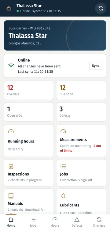 Ship app home screen: overdue jobs, defects and sync status