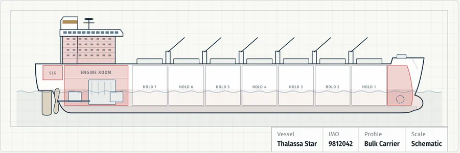 Side drawing of a bulk carrier with the engine room and bow highlighted in red for overdue work